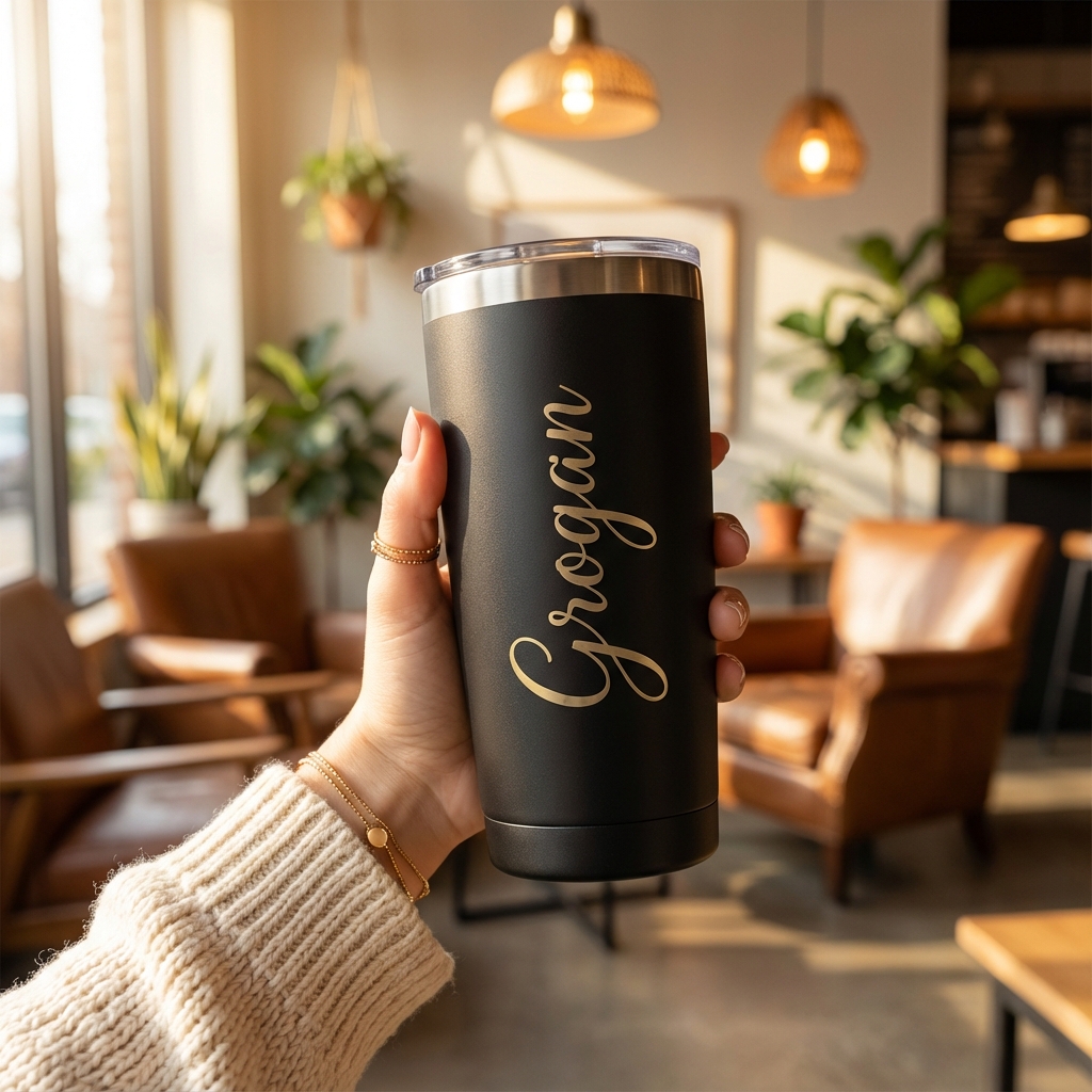 Hand holding custom engraved tumbler
